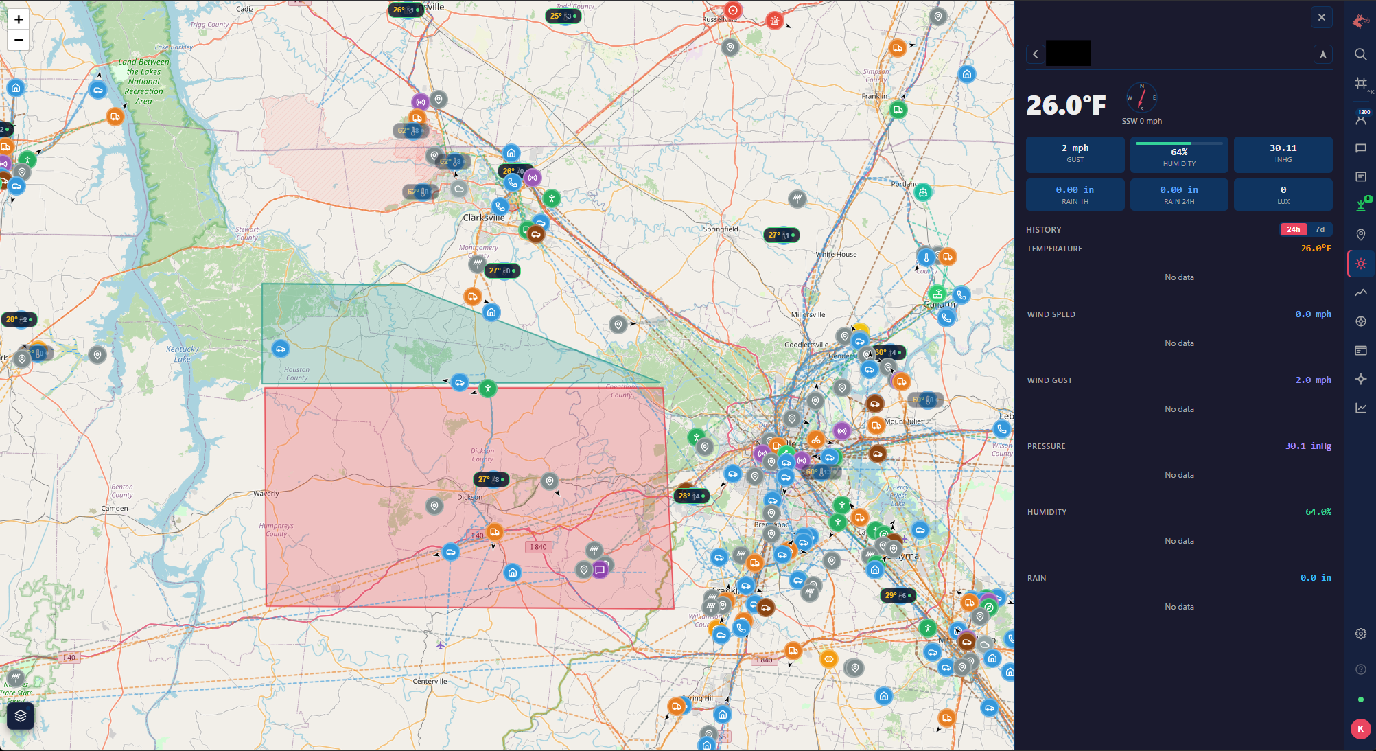 Nymeria live map with stations, weather data, and annotations
